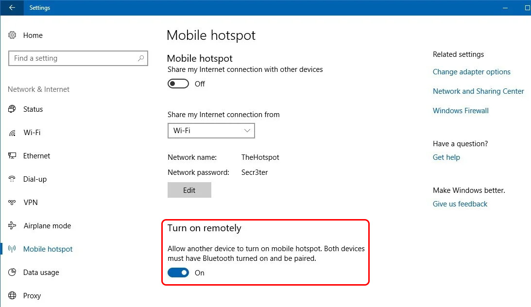 Enable Remote Mobile Hotspot in Windows 10