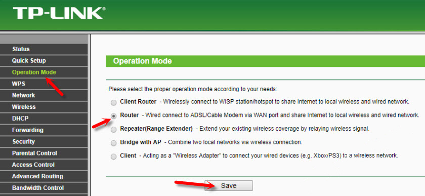 Activating Wi-Fi router mode on TL-WR743ND