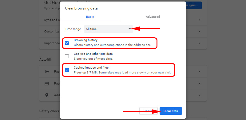 Clearing Chrome browser data related to connection failure error